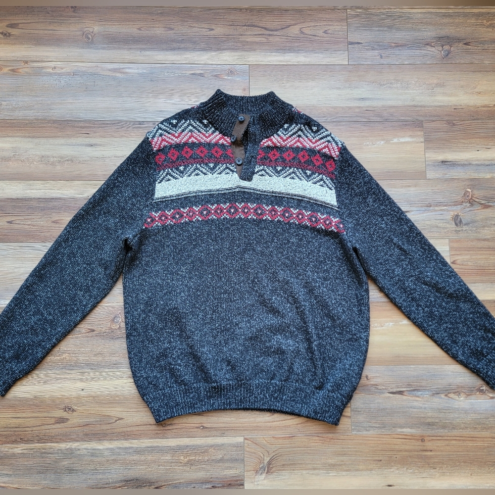 Chaps Men's Knit Sweater Sz XL Long Sleeve Pullover Button Mock Neck Fair Isle